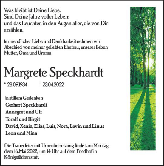 Traueranzeige von Margrete Speckhardt von vrm-trauer Rüsselsheimer Echo / MainSpitze