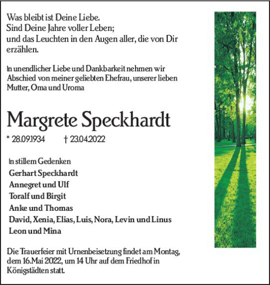 Traueranzeige von Margrete Speckhardt von vrm-trauer Rüsselsheimer Echo / MainSpitze