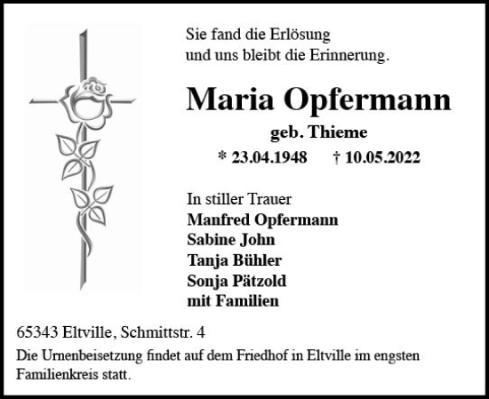 Traueranzeige von Maria Opfermann von vrm-trauer Rheingau