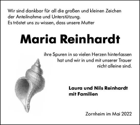 Traueranzeige von Maria Reinhardt von vrm-trauer AZ Mainz