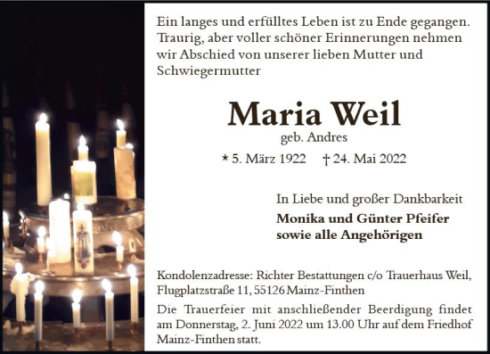 Traueranzeige von Maria Weil von vrm-trauer AZ Mainz