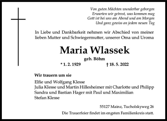 Traueranzeige von Maria Wlassek von vrm-trauer AZ Mainz
