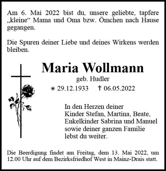 Traueranzeige von Maria Wollmann von vrm-trauer AZ Mainz