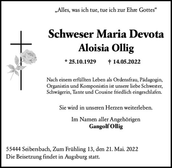 Traueranzeige von Maria Devota Aloisia Ollig von vrm-trauer Allgemeine  Zeitung Ingelheim-Bingen
