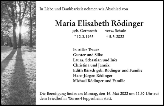 Traueranzeige von Maria Elisabeth Rödinger von vrm-trauer Wormser Zeitung
