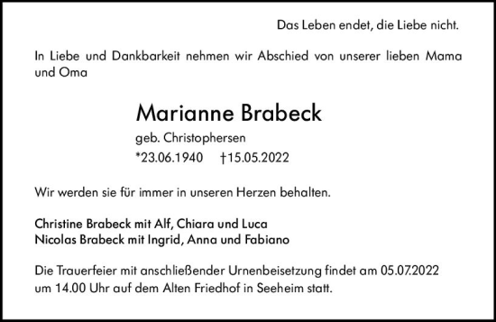 Traueranzeige von Marianne Brabeck von vrm-trauer Darmstädter Echo