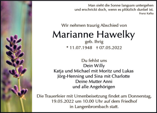 Traueranzeige von Marianne Hawelky von vrm-trauer Odenwälder Echo