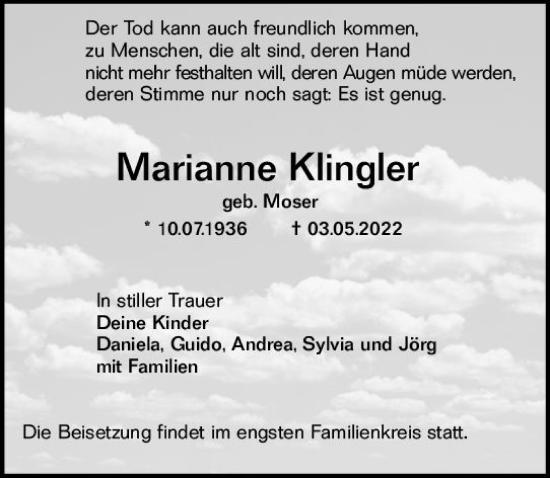 Traueranzeige von Marianne Klingler von vrm-trauer Bürstädter/Lamperth. Ztg/Starkenburger