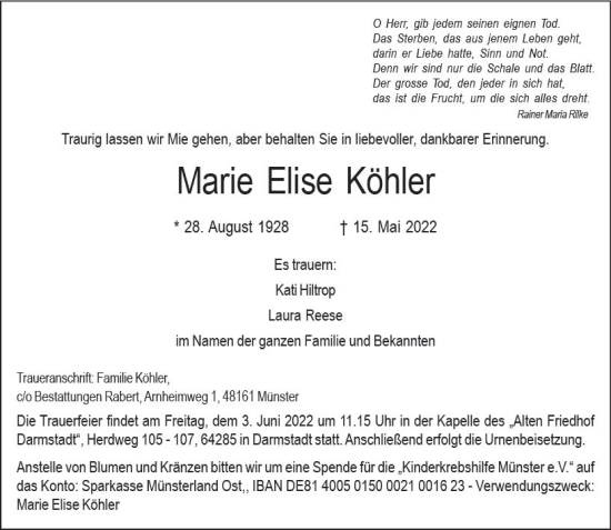 Traueranzeige von Marie Elise Köhler von vrm-trauer Darmstädter Echo