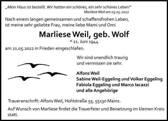 Traueranzeige von Marliese Weil von vrm-trauer AZ Mainz