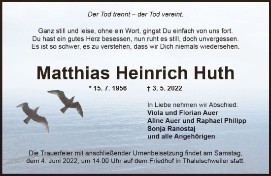 Traueranzeige von Matthias Heinrich Huth von vrm-trauer Allgemeine  Zeitung Ingelheim-Bingen