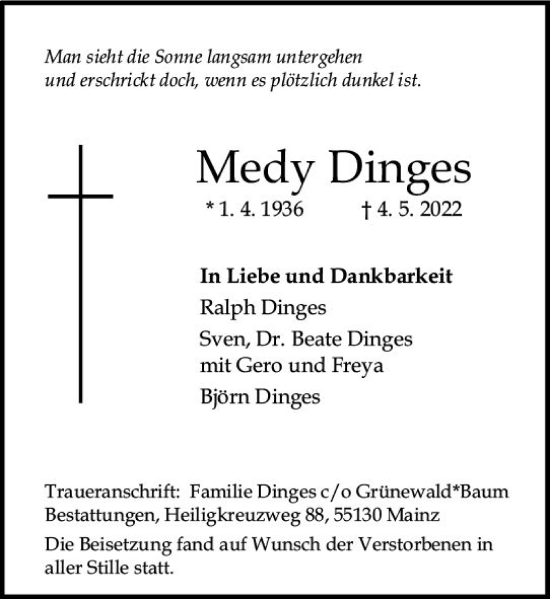 Traueranzeige von Medy Dinges von vrm-trauer AZ Mainz