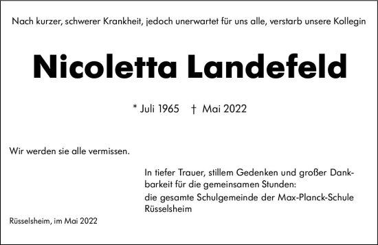 Traueranzeige von Nicoletta Landefeld von vrm-trauer Rüsselsheimer Echo / MainSpitze