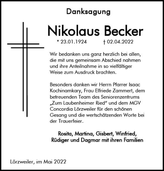 Traueranzeige von Nikolaus Becker von vrm-trauer AZ Mainz