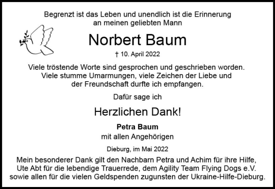 Traueranzeige von Norbert Baum von vrm-trauer DieburgerAnzeiger/Groß-Zimmerner Lokala