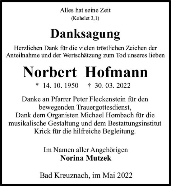 Traueranzeige von Norbert Hofmann von vrm-trauer Allg. Zeitung Bad Kreuznach