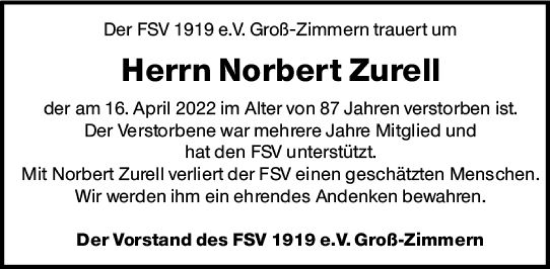 Traueranzeige von Norbert Zurell von vrm-trauer DieburgerAnzeiger/Groß-Zimmerner Lokala