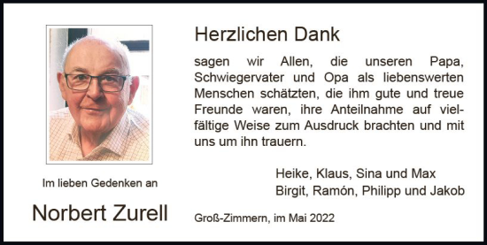 Traueranzeige von Norbert Zurell von vrm-trauer DieburgerAnzeiger/Groß-Zimmerner Lokala