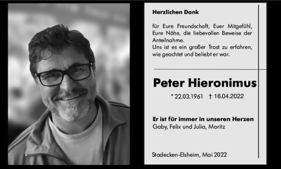 Traueranzeige von Peter Hieronimus von vrm-trauer Wiesbadener Kurier