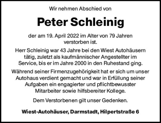 Traueranzeige von Peter Schleinig von vrm-trauer Darmstädter Echo