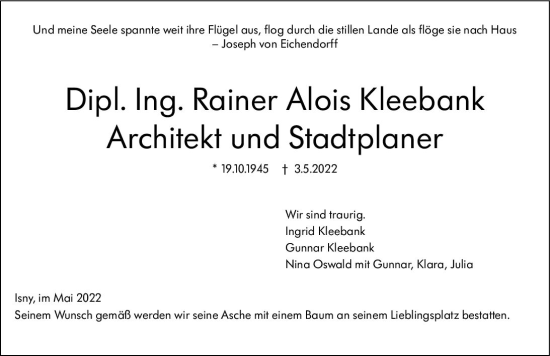 Traueranzeige von Rainer Alois Kleebank von vrm-trauer Wormser Zeitung