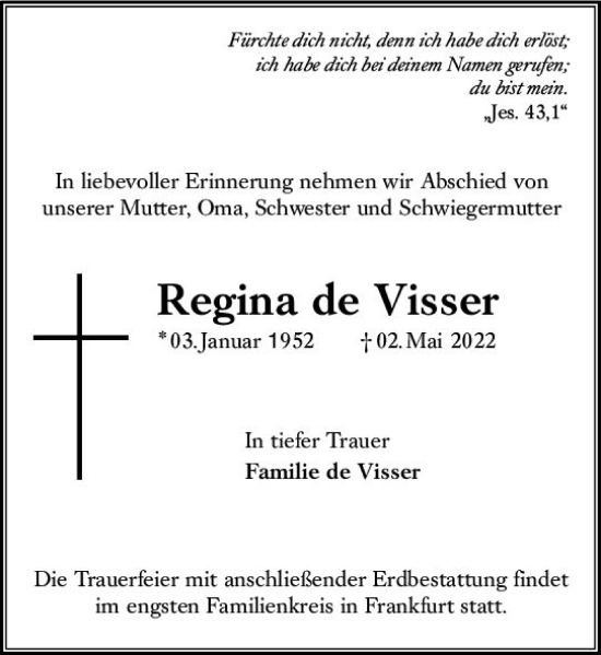 Traueranzeige von Regina de Visser von vrm-trauer Darmstädter Echo