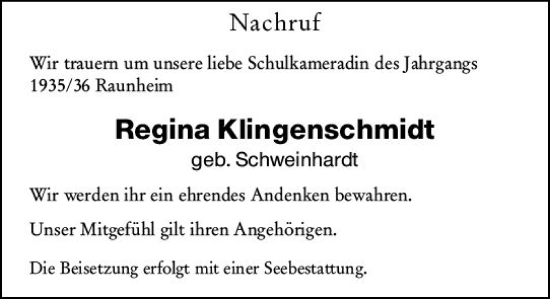 Traueranzeige von Regina Klingenschmidt von vrm-trauer Rüsselsheimer Echo / MainSpitze