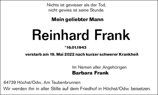 Traueranzeige von Reinhard Frank von vrm-trauer Odenwälder Echo
