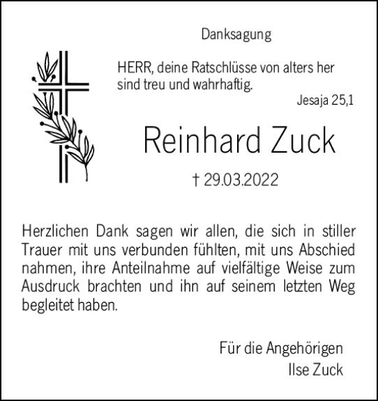 Traueranzeige von Reinhard Zuck von vrm-trauer Allg. Zeitung Bad Kreuznach