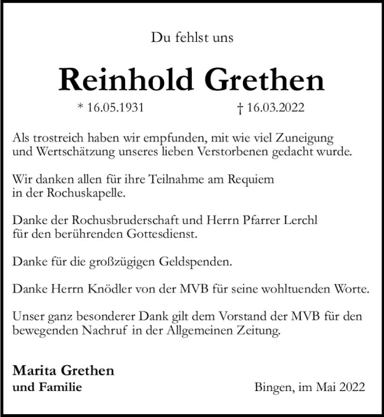 Traueranzeige von Reinhold Grethen von vrm-trauer Allgemeine  Zeitung Ingelheim-Bingen