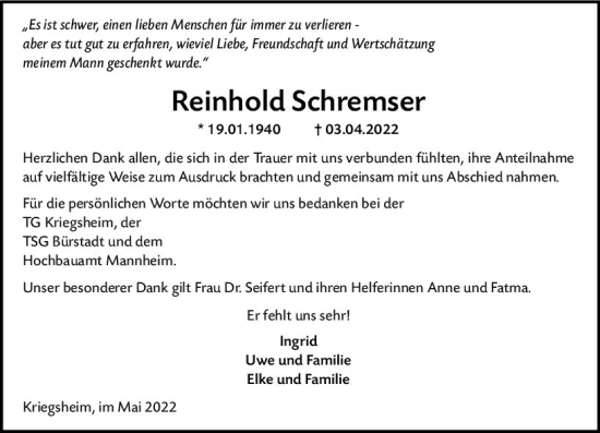 Traueranzeige von Reinhold Schremser von vrm-trauer Wormser Zeitung