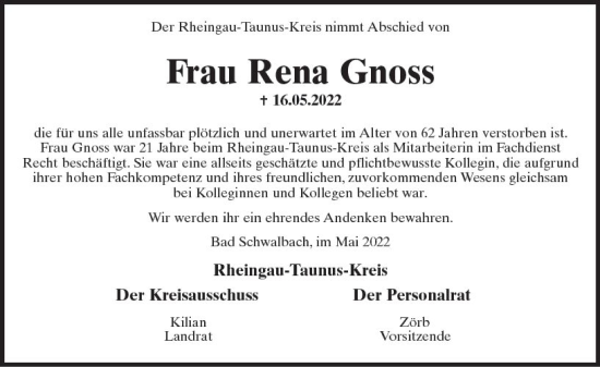 Traueranzeige von Rena Gnoss von vrm-trauer WK-UTA