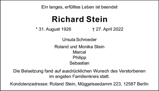 Traueranzeige von Richard Stein von vrm-trauer Rüsselsheimer Echo / MainSpitze