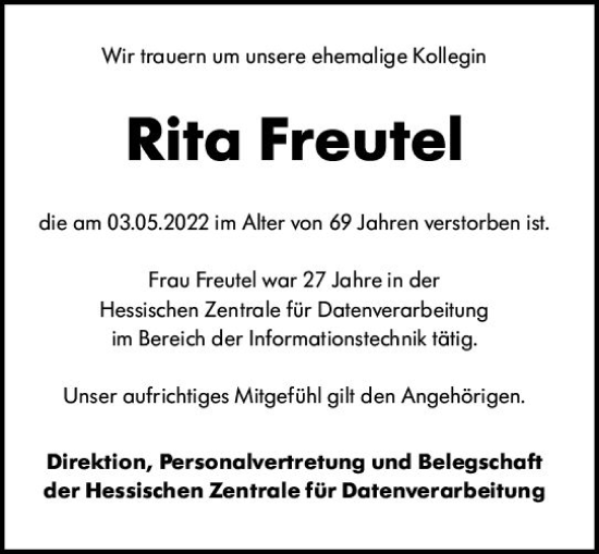 Traueranzeige von Rita Freutel von vrm-trauer Wiesbadener Kurier