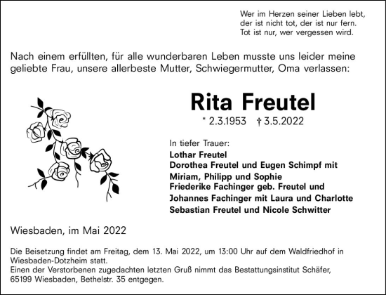 Traueranzeige von Rita Freutel von vrm-trauer Wiesbadener Kurier