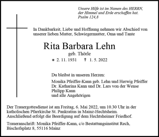 Traueranzeige von Rita Barbara Lehn von vrm-trauer AZ Mainz