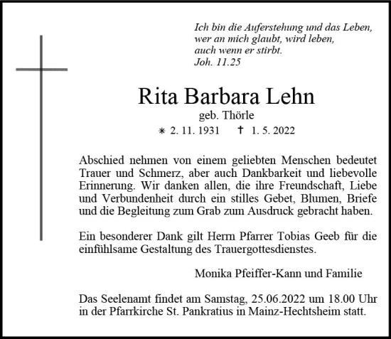 Traueranzeige von Rita Barbara Lehn von vrm-trauer AZ Mainz