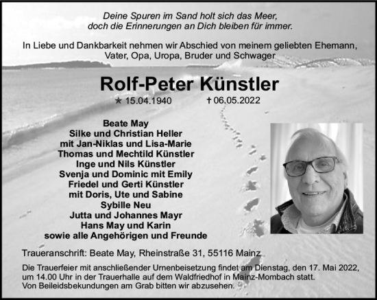 Traueranzeige von Rolf-Peter Künstler von vrm-trauer AZ Mainz