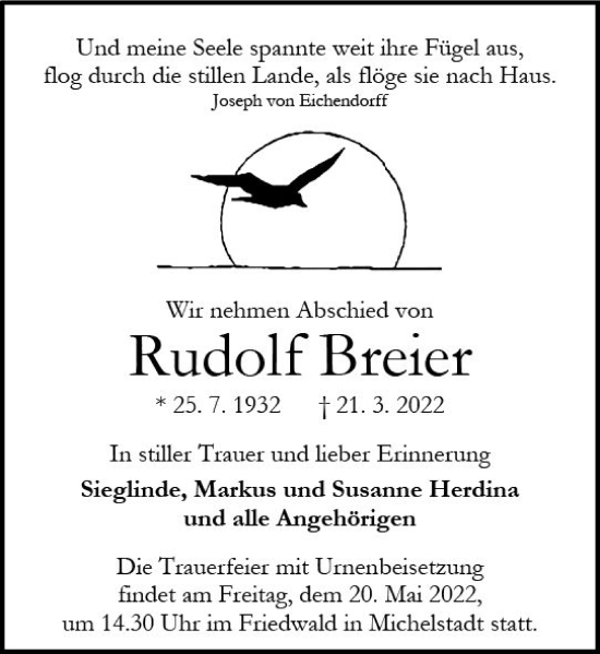Traueranzeige von Rudolf Breier von vrm-trauer Odenwälder Echo