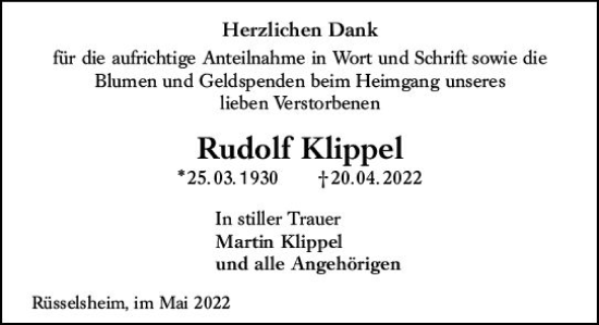 Traueranzeige von Rudolf Klippel von vrm-trauer Rüsselsheimer Echo / MainSpitze