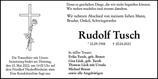Traueranzeige von Rudolf Tusch von vrm-trauer Wormser Zeitung