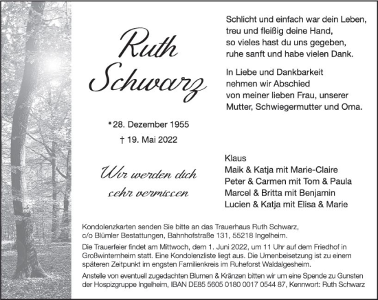 Traueranzeige von Ruth Schwarz von vrm-trauer Allgemeine  Zeitung Ingelheim-Bingen