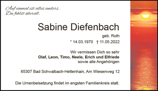 Traueranzeige von Sabine Diefenbach von vrm-trauer Wiesbadener Kurier