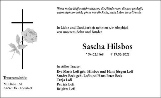 Traueranzeige von Sascha Hilsbos von vrm-trauer Darmstädter Echo