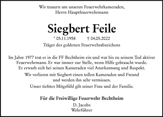 Traueranzeige von Siegbert Feile von vrm-trauer Wormser Zeitung