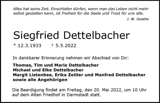 Traueranzeige von Siegfried Dettelbacher von vrm-trauer Darmstädter Echo