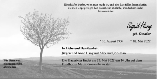 Traueranzeige von Sigrid Hany von vrm-trauer AZ Mainz