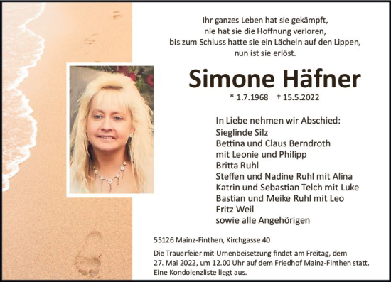 Traueranzeige von Simone Häfner von vrm-trauer AZ Mainz