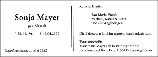 Traueranzeige von Sonja Mayer von vrm-trauer Allgemeine  Zeitung Ingelheim-Bingen