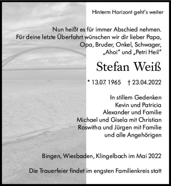 Traueranzeige von Stefan Weiß von vrm-trauer Allgemeine  Zeitung Ingelheim-Bingen